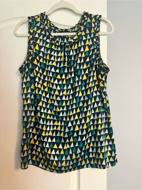 Talbots Navy Geometric Triangle Print Shell with Yellow & Teal Accents
